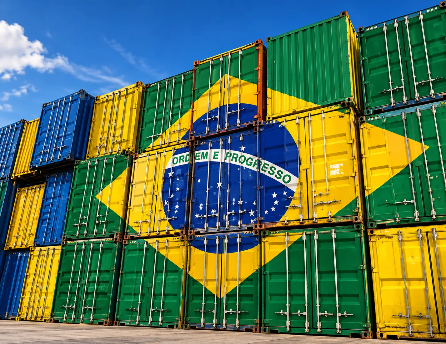 Contêineres com a bandeira do Brasil